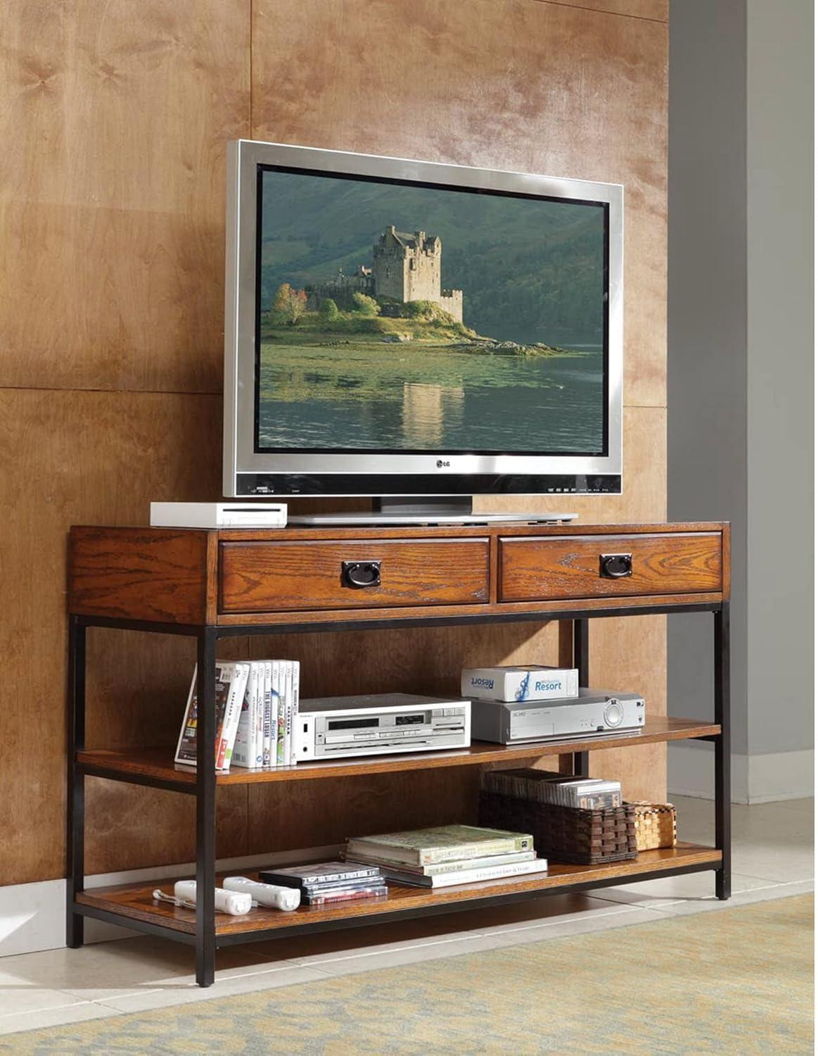 Distressed Oak and Metal Media Console with Drawers