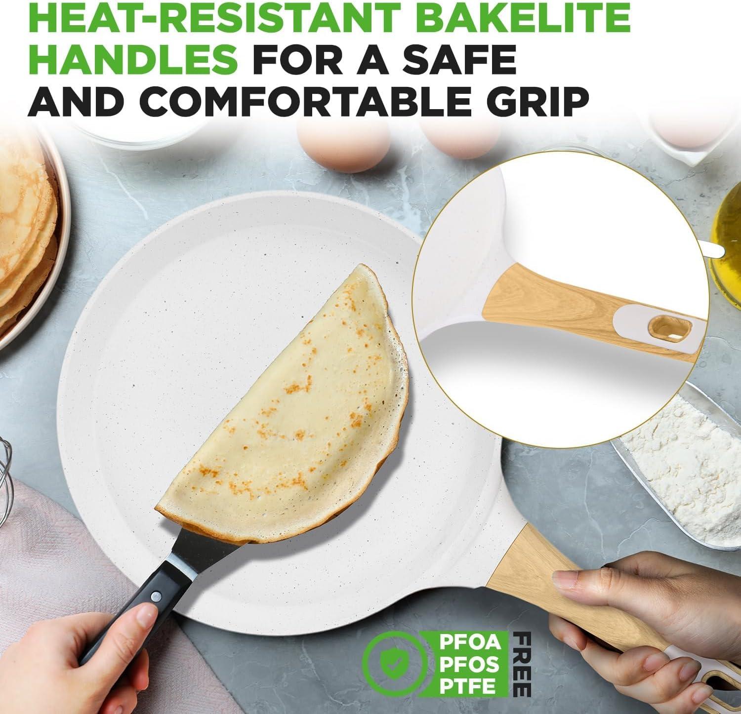 NutriChef Nutrichef 9.45” Non-Stick Crepe Pan With Wooden Spreader, Durable Marble Coated Dosa Pan, Bakelite Handle And Induction Bottom, Pfoa/Pfos Free, Dishwasher Safe, Even Heat Distribution