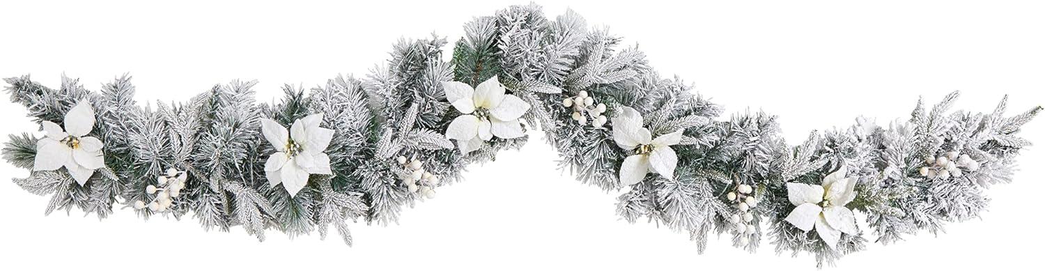6ft Flocked White Poinsettia and Berry Artificial Christmas Garland with LED Lights