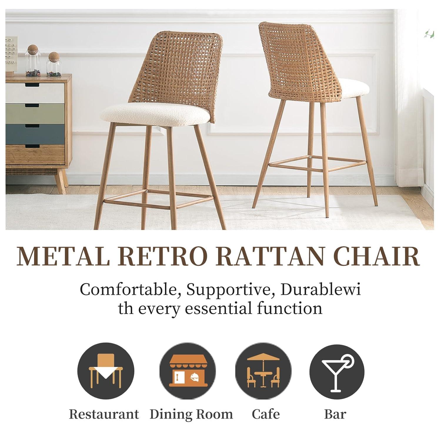 Bay Isle Home™ Rattan Counter Height Bar Stools Set Of 2, Fabric Upholstered Barstools With Pe Rattan Cane Back, Bar Chairs Counter Stools For Kitchen Island,beige White (Set of 2)