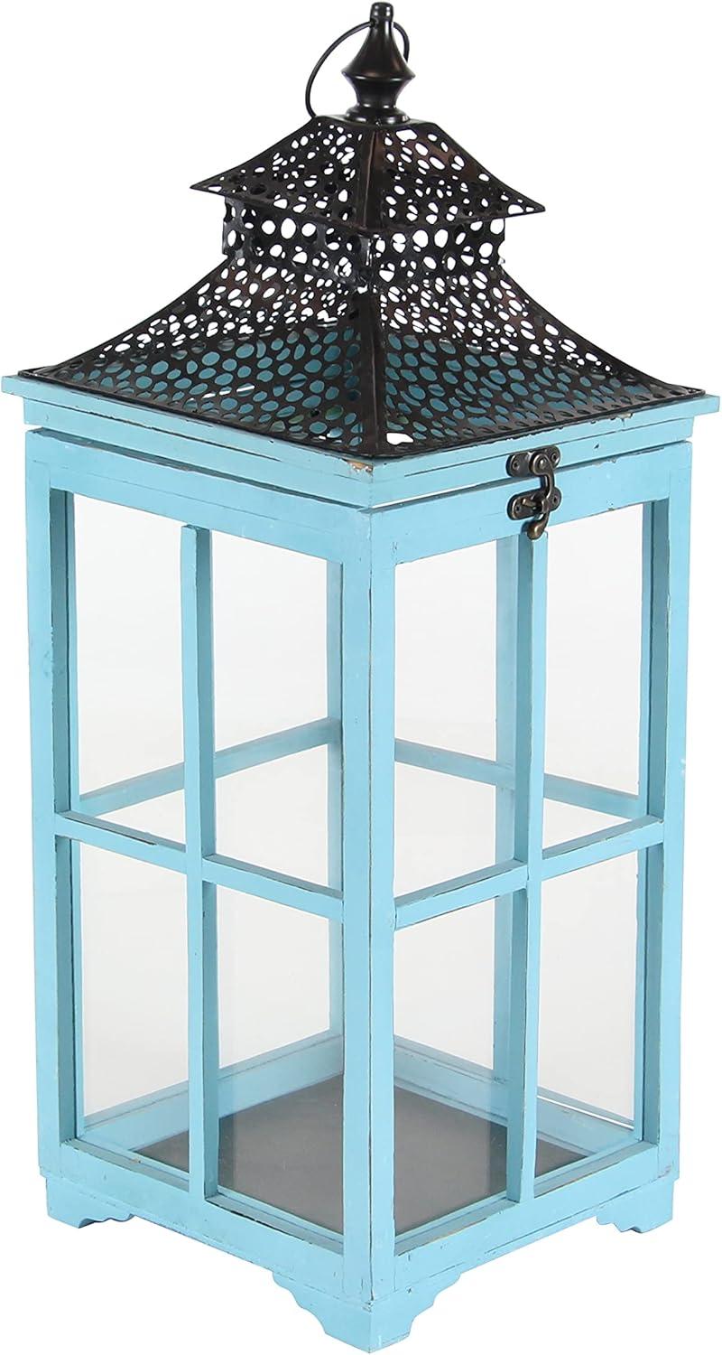 Coastal Blue Wood & Glass Hanging Candle Lantern Set