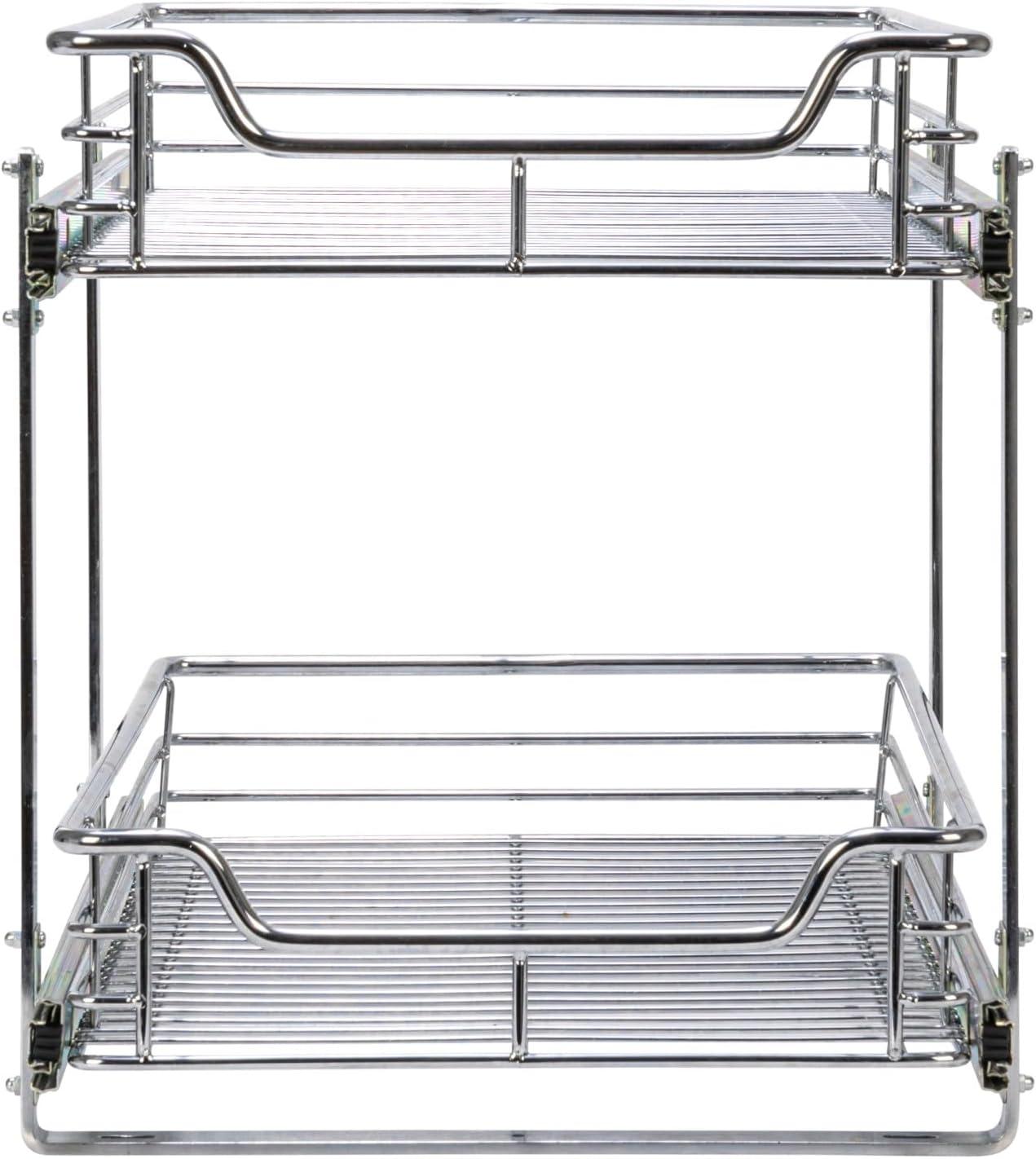 Household Essentials Glidez Multipurpose Chrome-Plated Steel Pull-Out/Slide-Out Basket Storage Organizer for Under Cabinet Use - 2-Tier Design - Fits Standard Size Cabinet or Shelf, Chrome