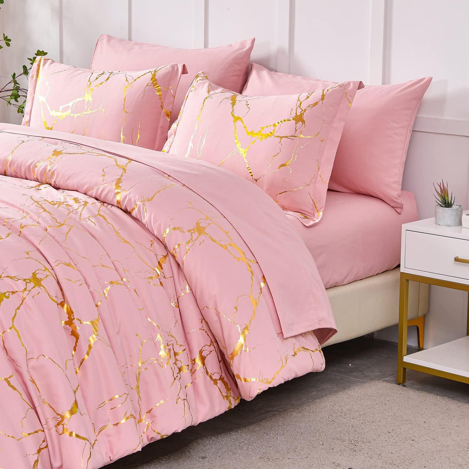 Yogeneg Gold Metallic Marble Comforter Set Queen Size,7 Piece Bed in a Bag,Foil Print Glitter Pink Comforter and Sheet Set,All Season Soft Microfiber Complete Bedding Sets(Pink,Queen)