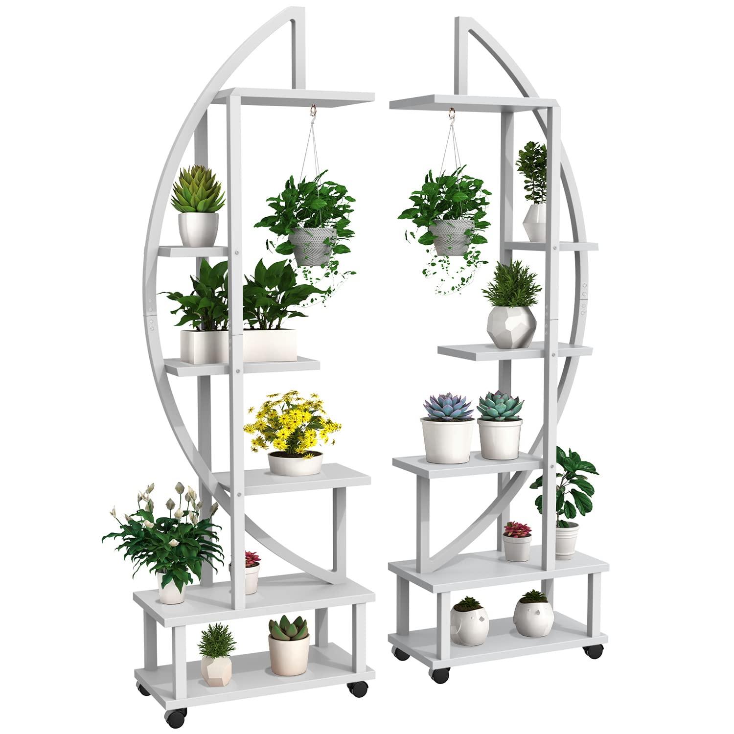 2 Pcs 6 Tier Tall Metal Indoor Plant Stand with Detachable Wheels, Plant Shelf Holder for Outdoor Clearance with Hanging Loop, Half-Moon-Shaped Multi-Purpose Plant Stands for Home Decor, Balcony,
