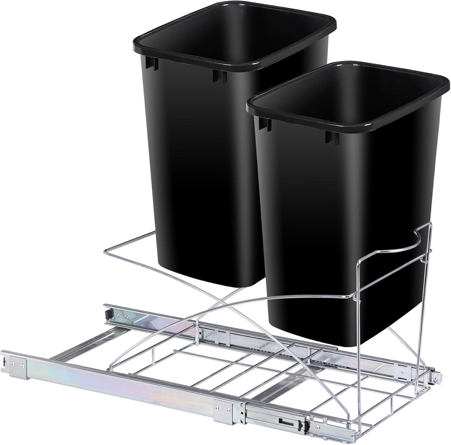 Double 35-Quart Sliding Pull Out Waste Bin Container, Kitchen Trash Can Under Cabinet Dual Trash Can Under Sink for Home Base Kitchen Cabinet - 17.5 Gallon