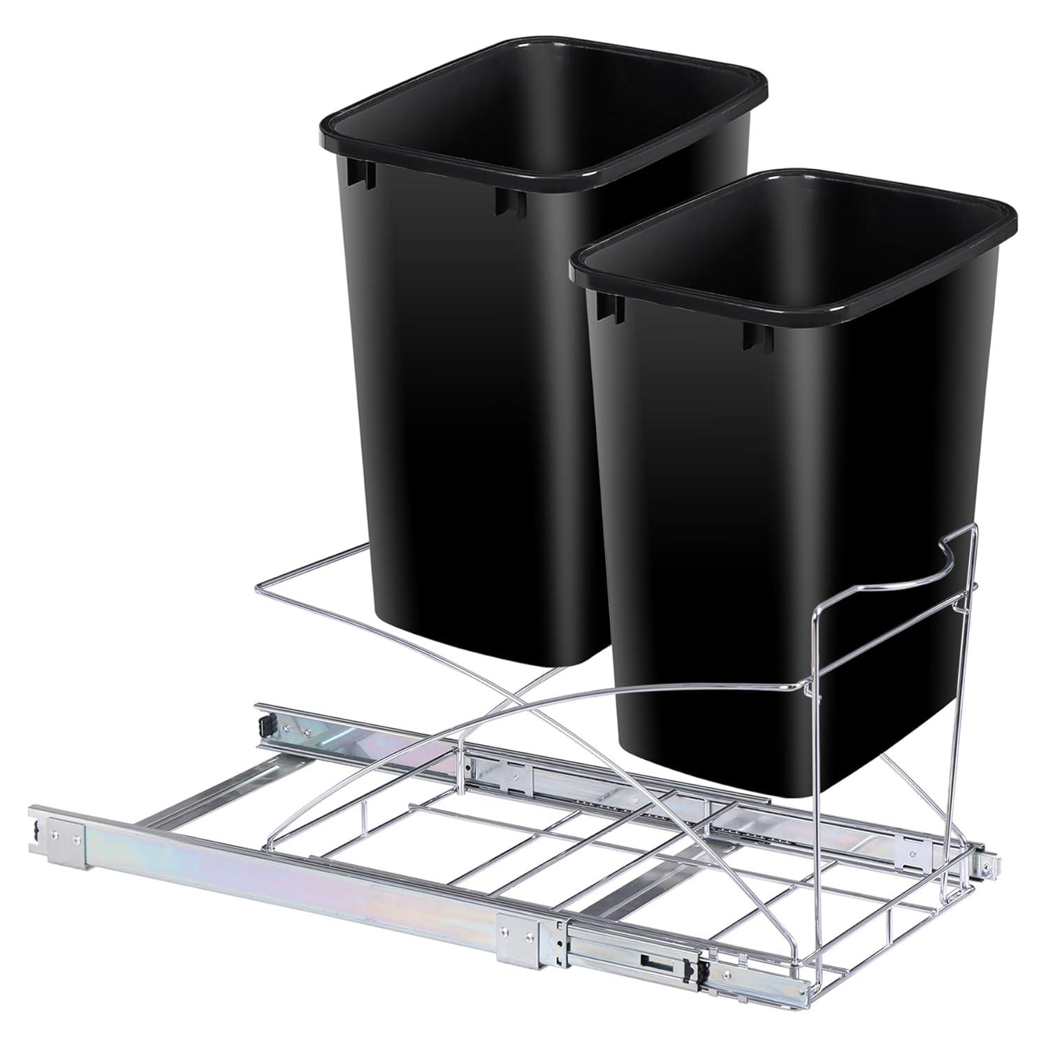 Double 35-Quart Sliding Pull Out Waste Bin Container, Kitchen Trash Can Under Cabinet Dual Trash Can Under Sink for Home Base Kitchen Cabinet - 17.5 Gallon