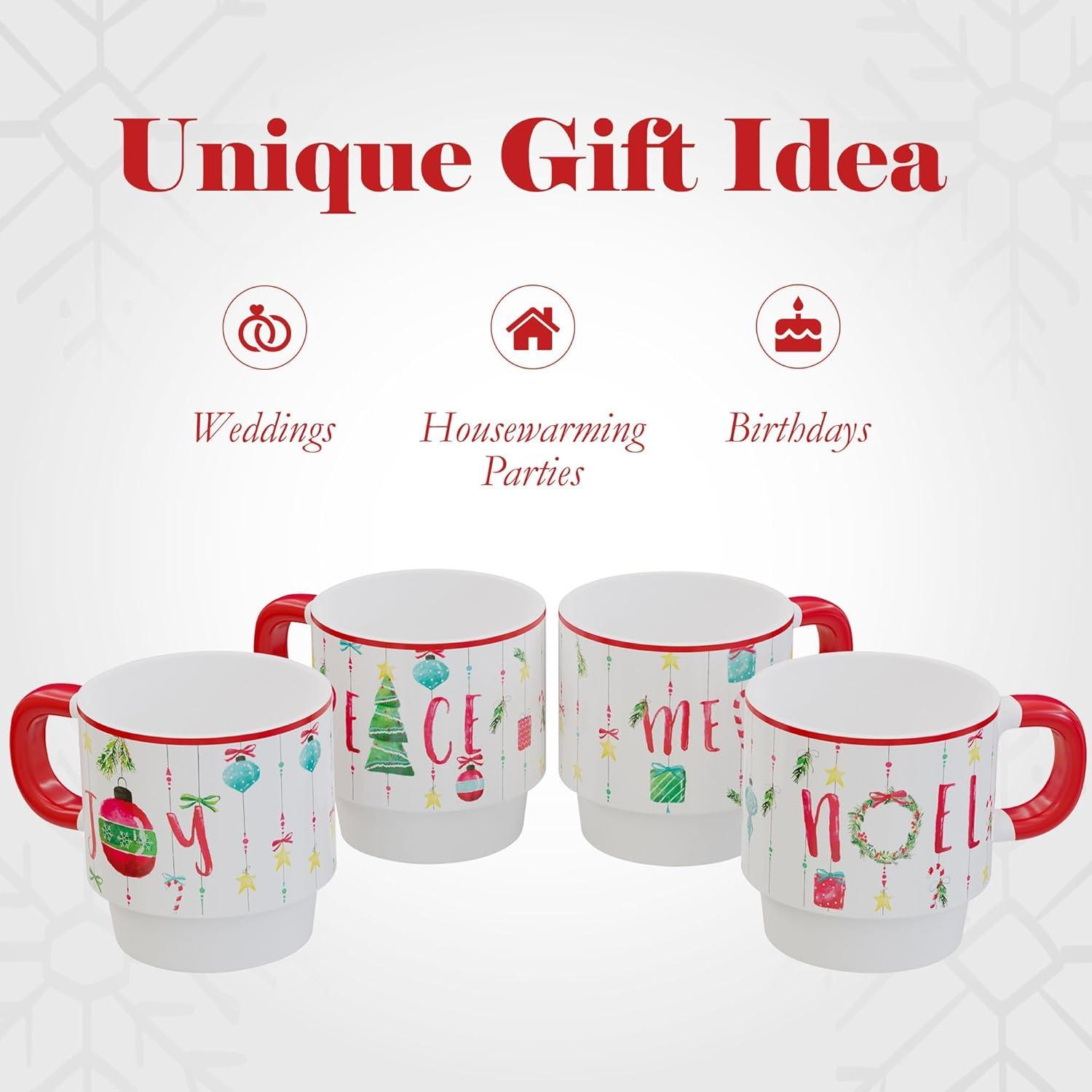 American Atelier 14 Oz Mug Set with Rack (Set of 4) - Stackable Ceramic Mugs, Holiday-Themed Coffee Cup Set for Coffee, Tea, Hot Chocolate - Microwave & Dishwasher Safe, Mug Set for Coffee Lovers