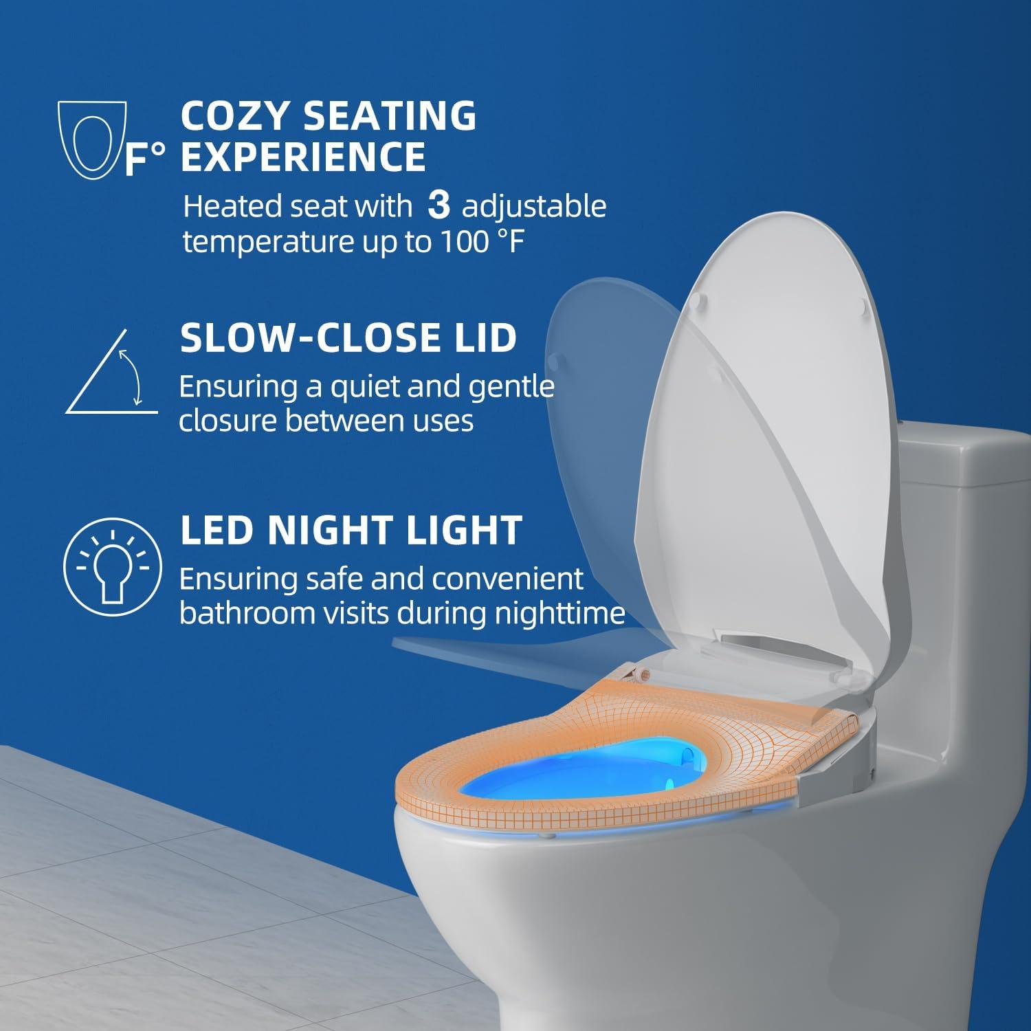 Smart Bidet Toilet Seat with Wireless Remote and Side Panel, Multiple Spray Modes, Adjustable Heated Seat, Warm Water Air Dryer,White