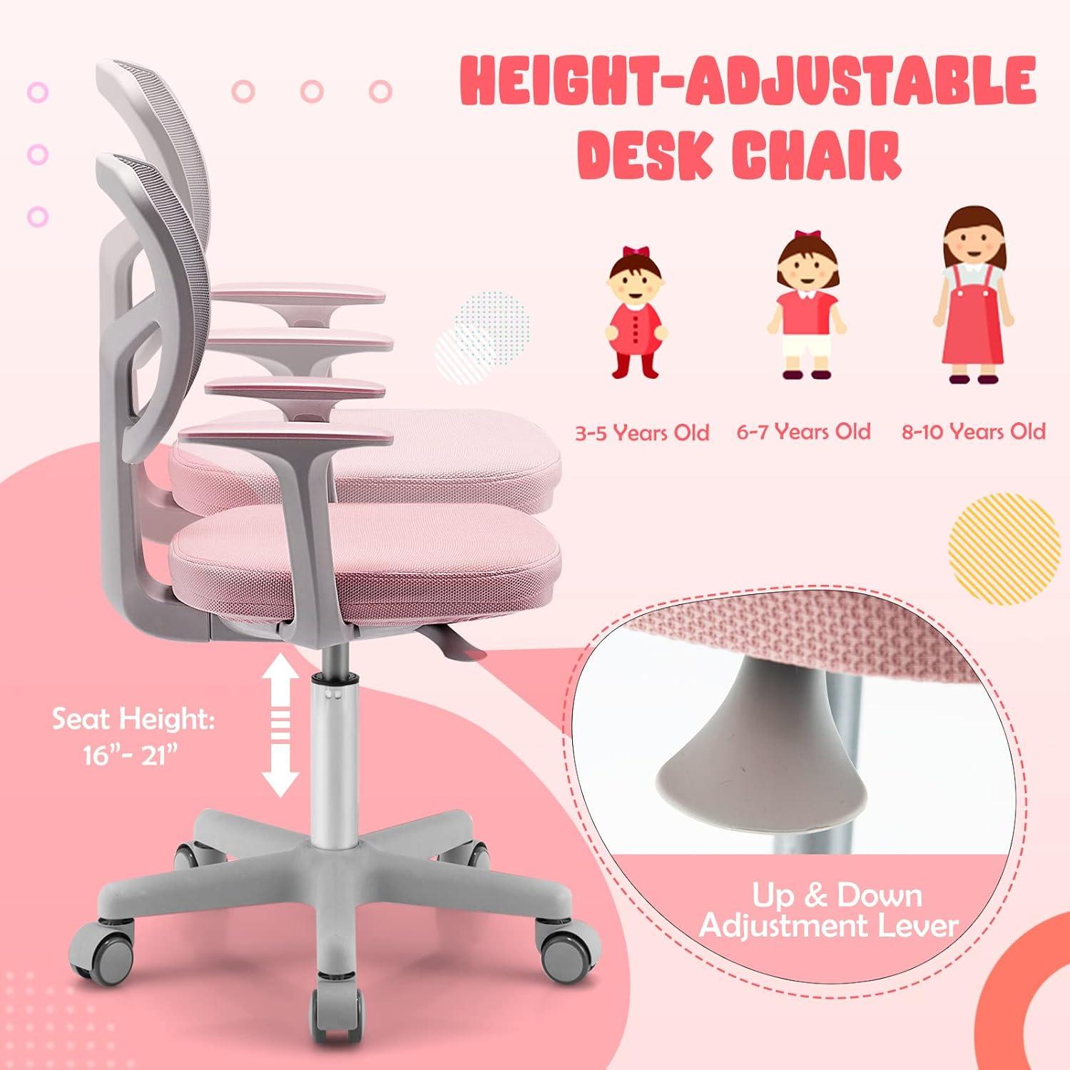 Pink Adjustable Mesh Swivel Kids Desk Chair with Armrests