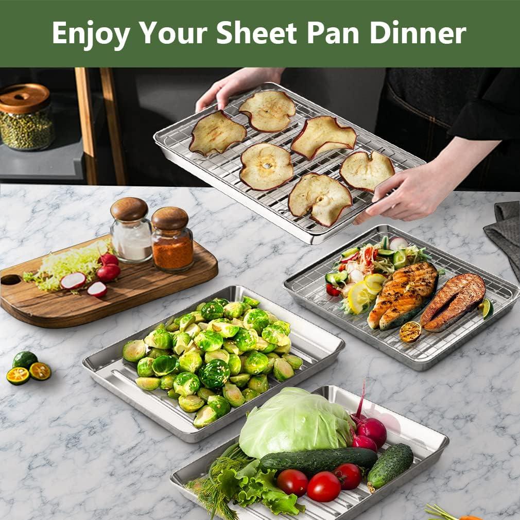 Baking Sheet with Rack Set [2 Pans + 2 Racks ] HKJ Chef Stainless Steel Cookie Sheet Baking Pan Tray with Cooling Rack, Size 9x7x1 Inch, Non Toxic & Heavy Duty & Easy Clean