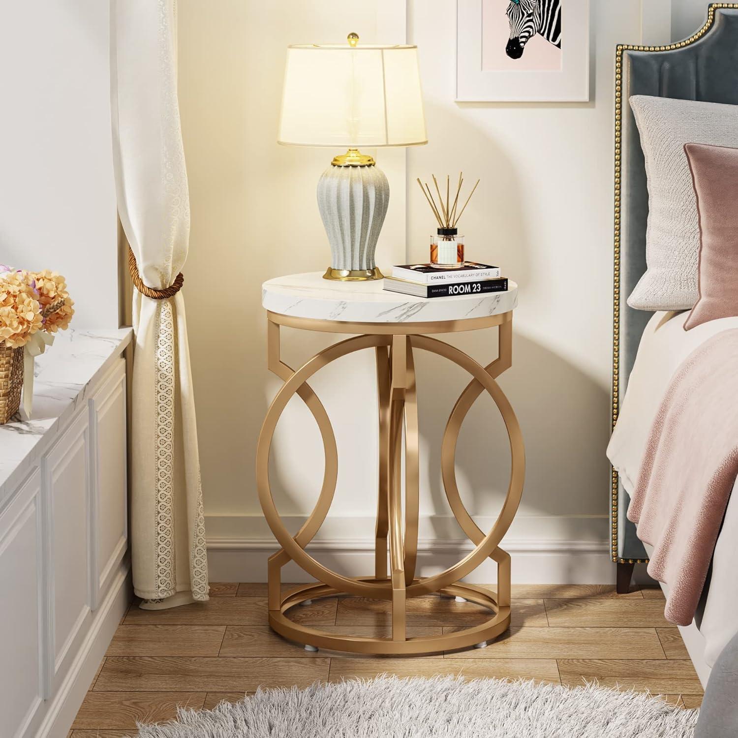Tribesigns Morden Round End Table with Faux Marble White Top, 20" Sofa Side Table Coffee Table Cocktail Table with Unique Gold O-shaped Base for Living Room Bedroom