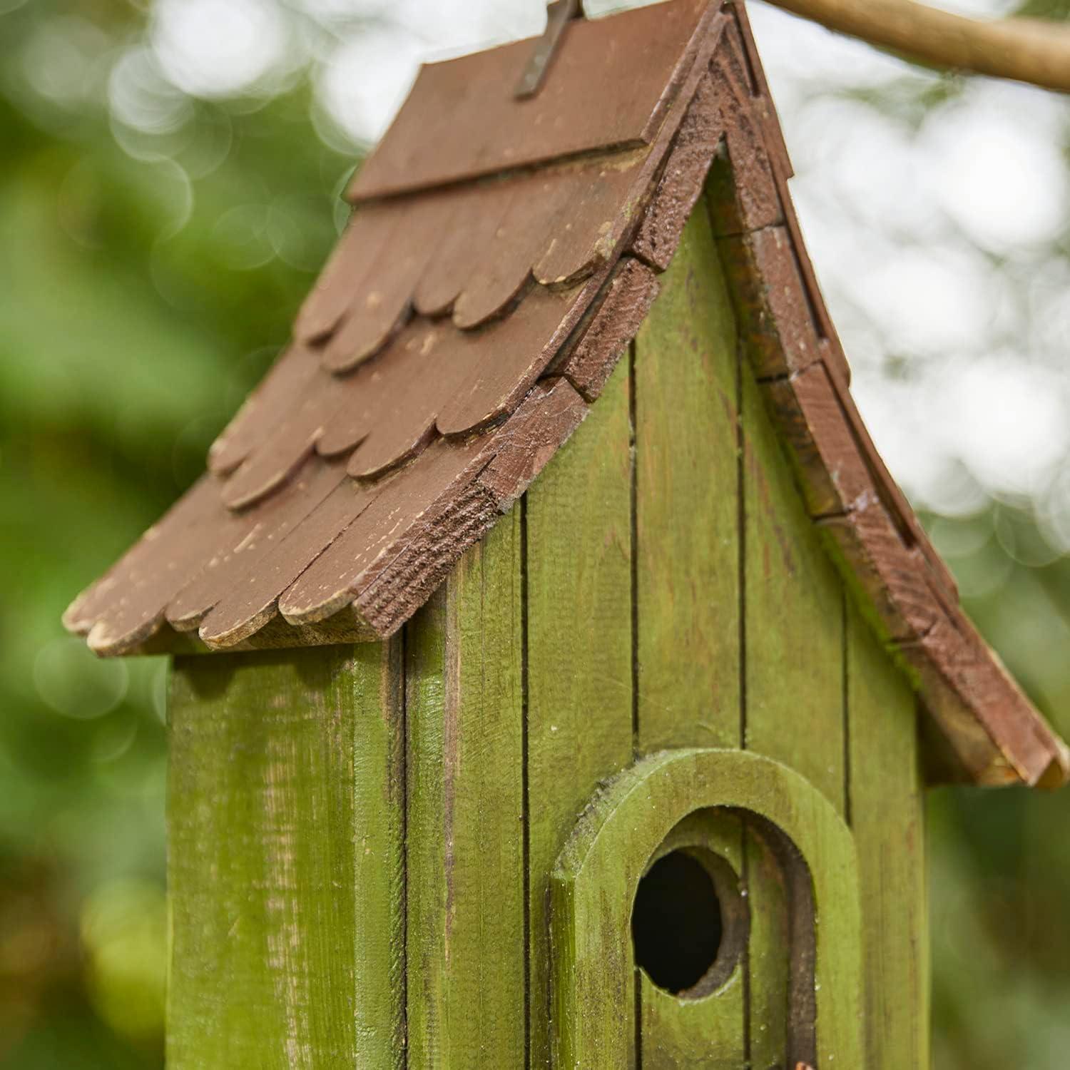 Green Hand Painted Wood Birdhouse with Distressed Details