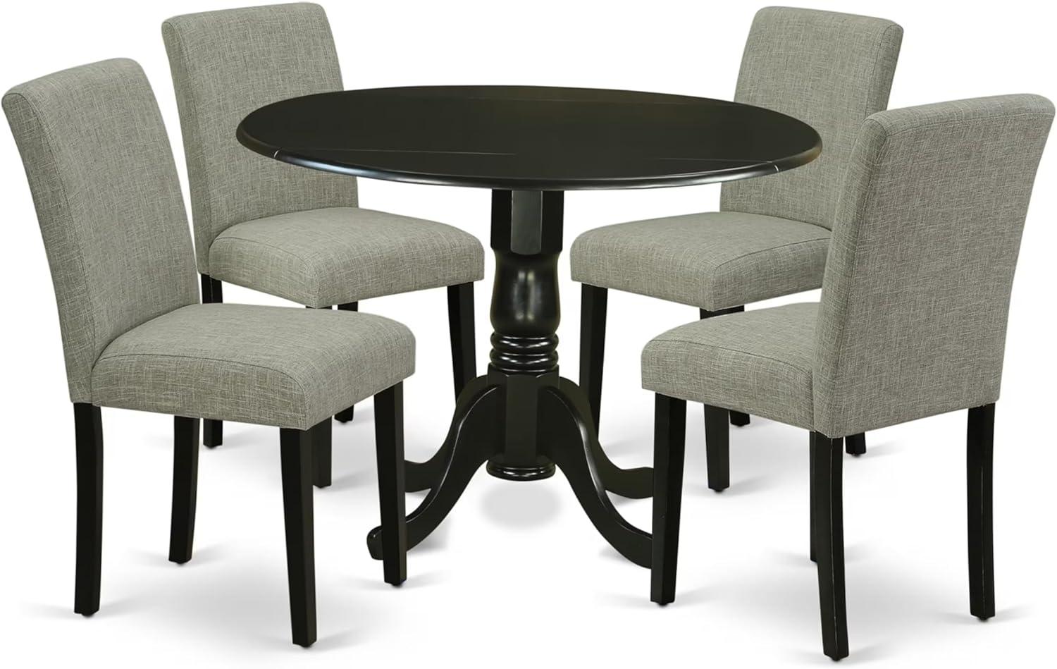 Black Round Drop Leaf Dining Table with 4 Gray Linen Chairs