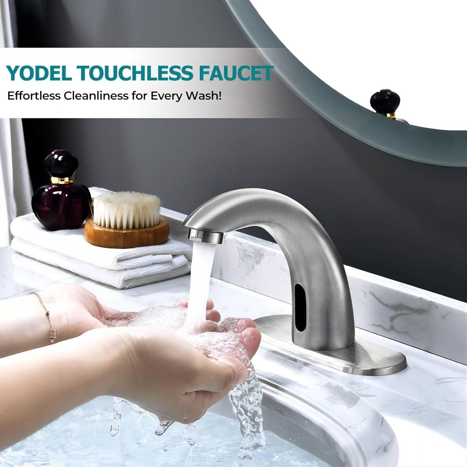 Touchless Bathroom Sink Faucet - Automatic Motion Sensor Restroom Toilet Faucet - Battery Operated for Commercial Lavatory, Brushed Nickel