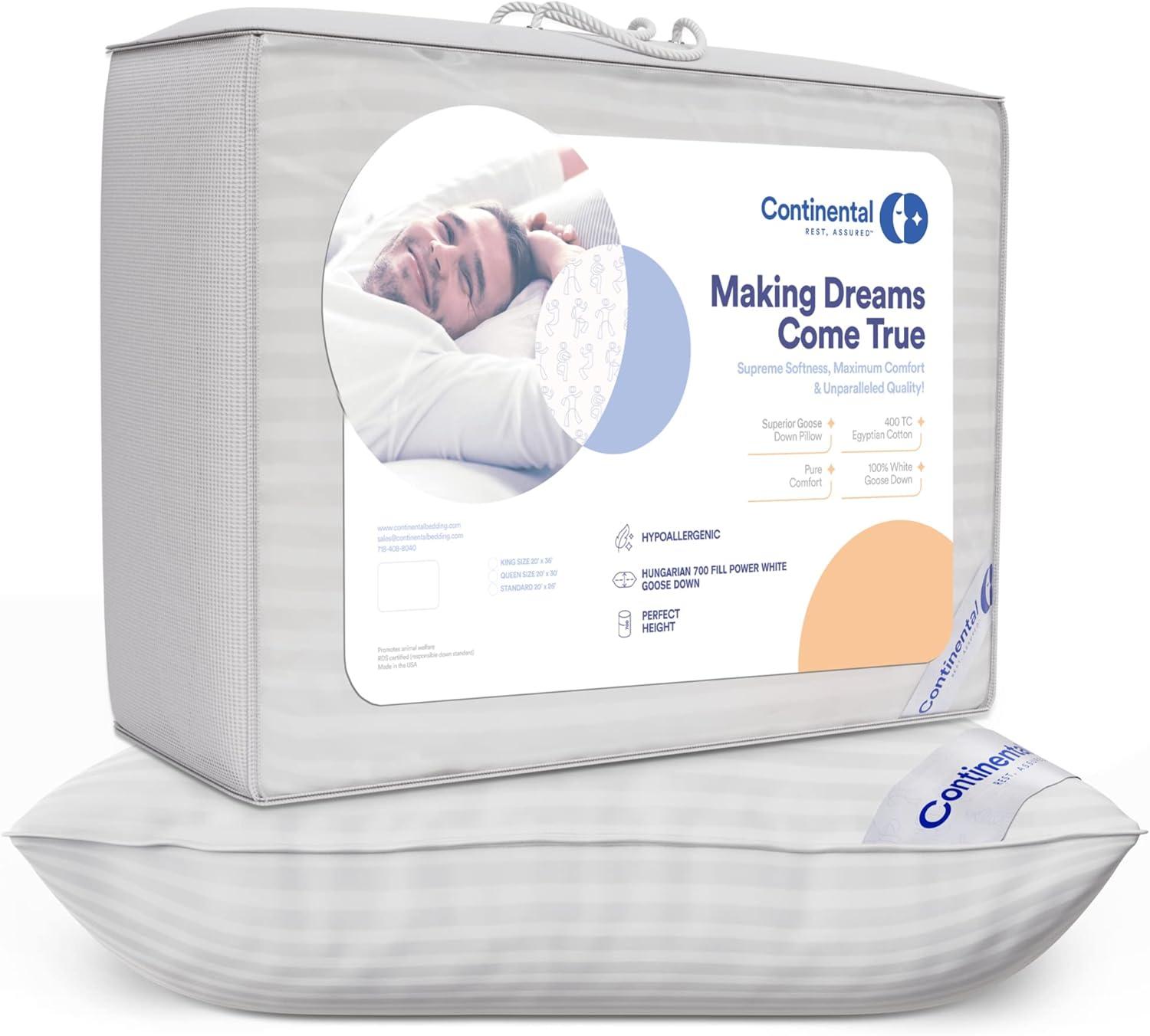 ContinentalBedding 700 Fill Power 100% White Goose Down Bed Pillows 100% Cotton Firm, Medium and Soft (1 Pillow)