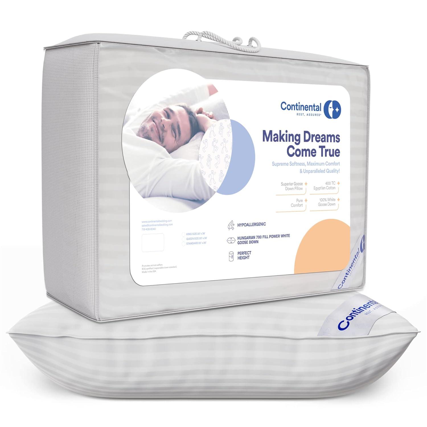 ContinentalBedding 700 Fill Power 100% White Goose Down Bed Pillows 100% Cotton Firm, Medium and Soft (1 Pillow)