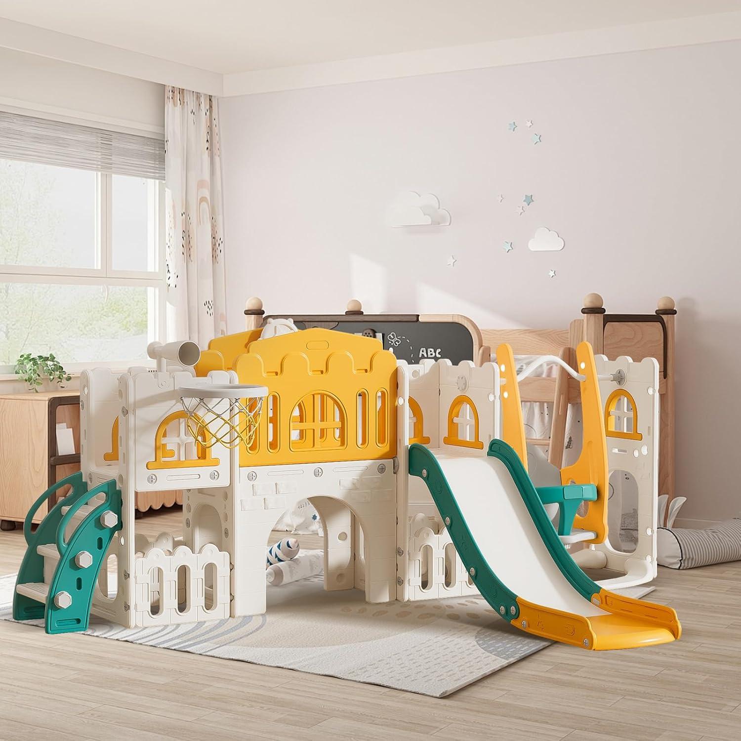 10 in 1 Toddler Slide, Age 1-3 with Swing, Basketball Hoop and Telescope, Kid Slide for Toddlers, Indoor Outdoor Playset Toddler Playground