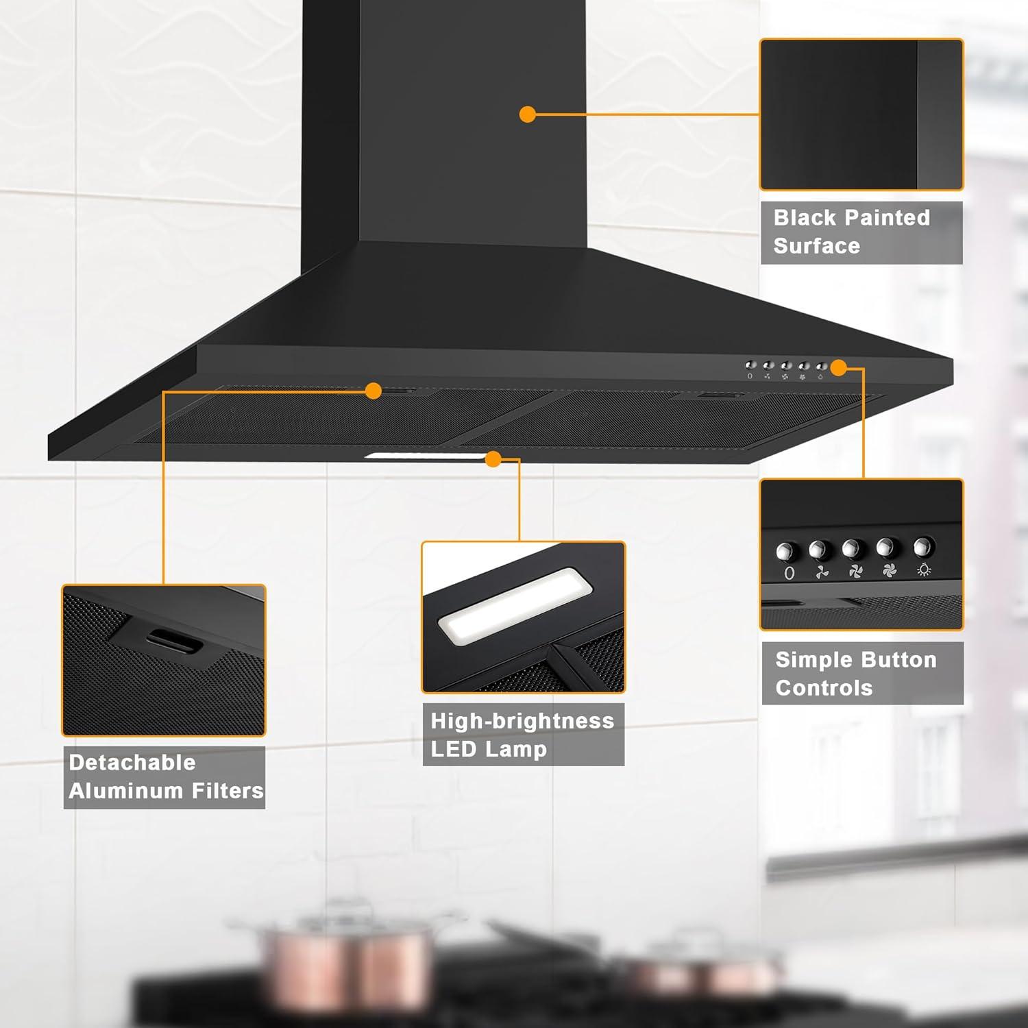 30 Inch Black Range Hood with Charcoal Filters, 450 CFM Stainless Steel Wall Mount Kitchen Hood, Button Control Over Stove Vent Hood with 3 Speed Noiseless Fan, LED Light (450CFM)