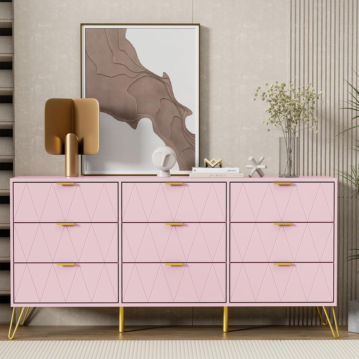 Pink Geometric 9-Drawer Dresser with Gold Accents