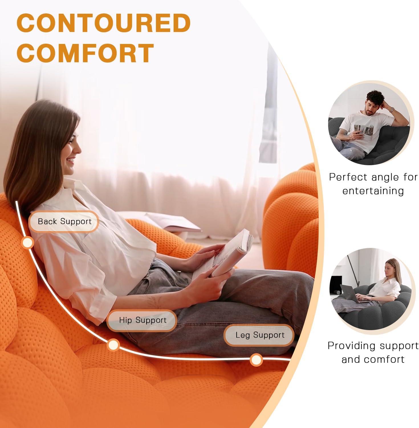 Bubble Couch, 98.43'' Modern 3-Seater Lazy Floor Couch, Memory Foam Bubble Round Sofa 3D Honeycomb Shape Curved Sofas for Living Room, Office, Apartment (Orange)