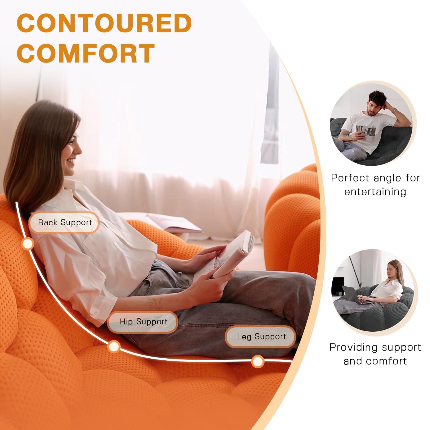 Bubble Couch, 98.43'' Modern 3-Seater Lazy Floor Couch, Memory Foam Bubble Round Sofa 3D Honeycomb Shape Curved Sofas for Living Room, Office, Apartment (Orange)