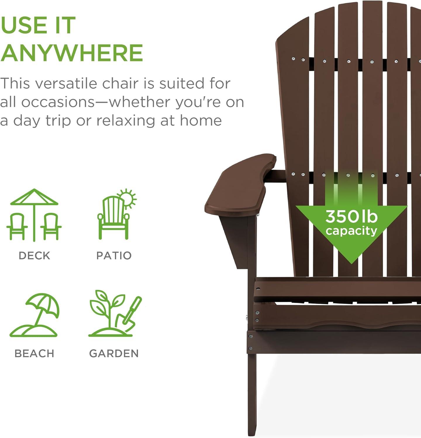 Best Choice Products Folding Adirondack Chair Outdoor, Wooden Accent Lounge Furniture w/ 350lb Capacity - Natural