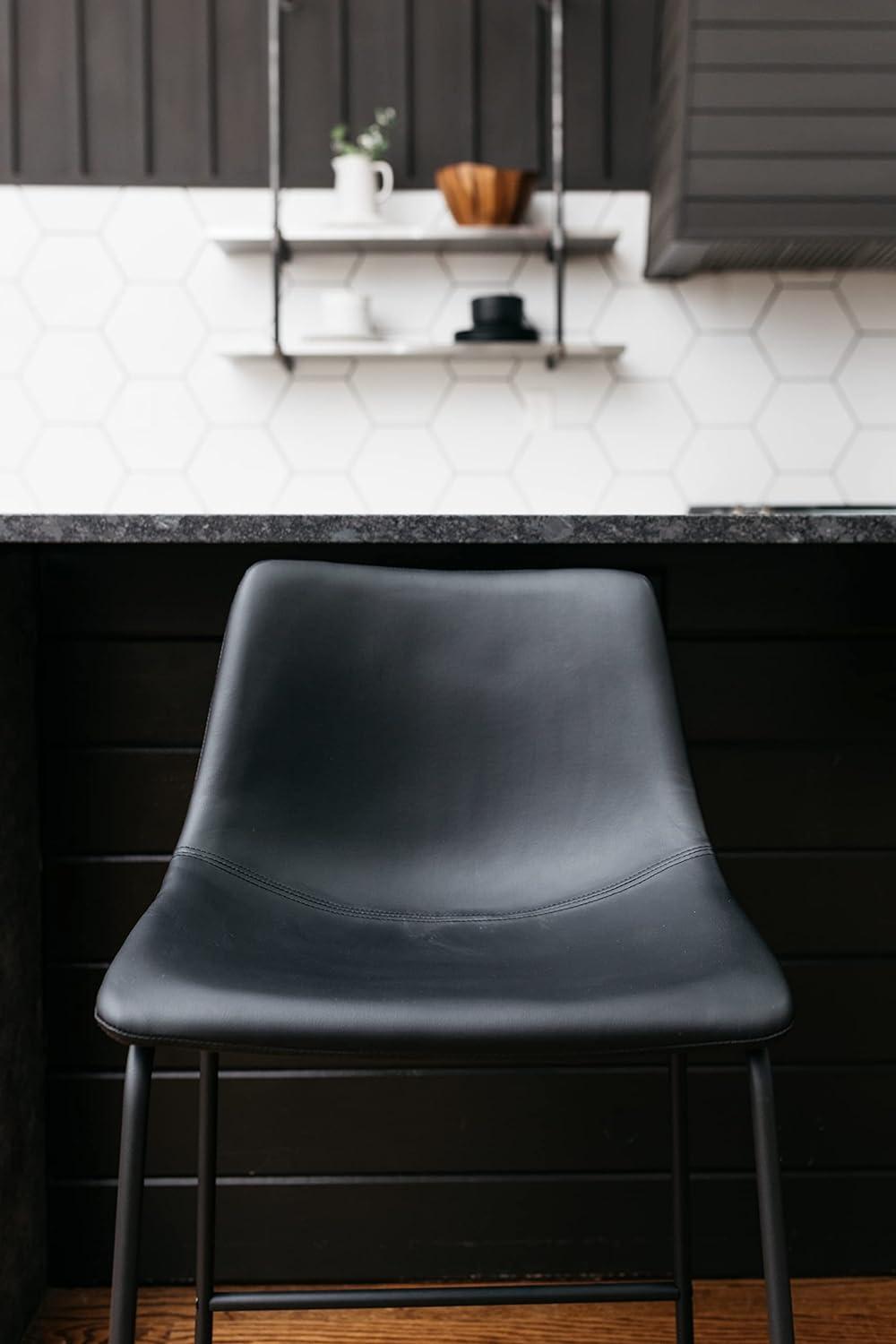 Transitional Black Leather Counter Stool with Metal Base