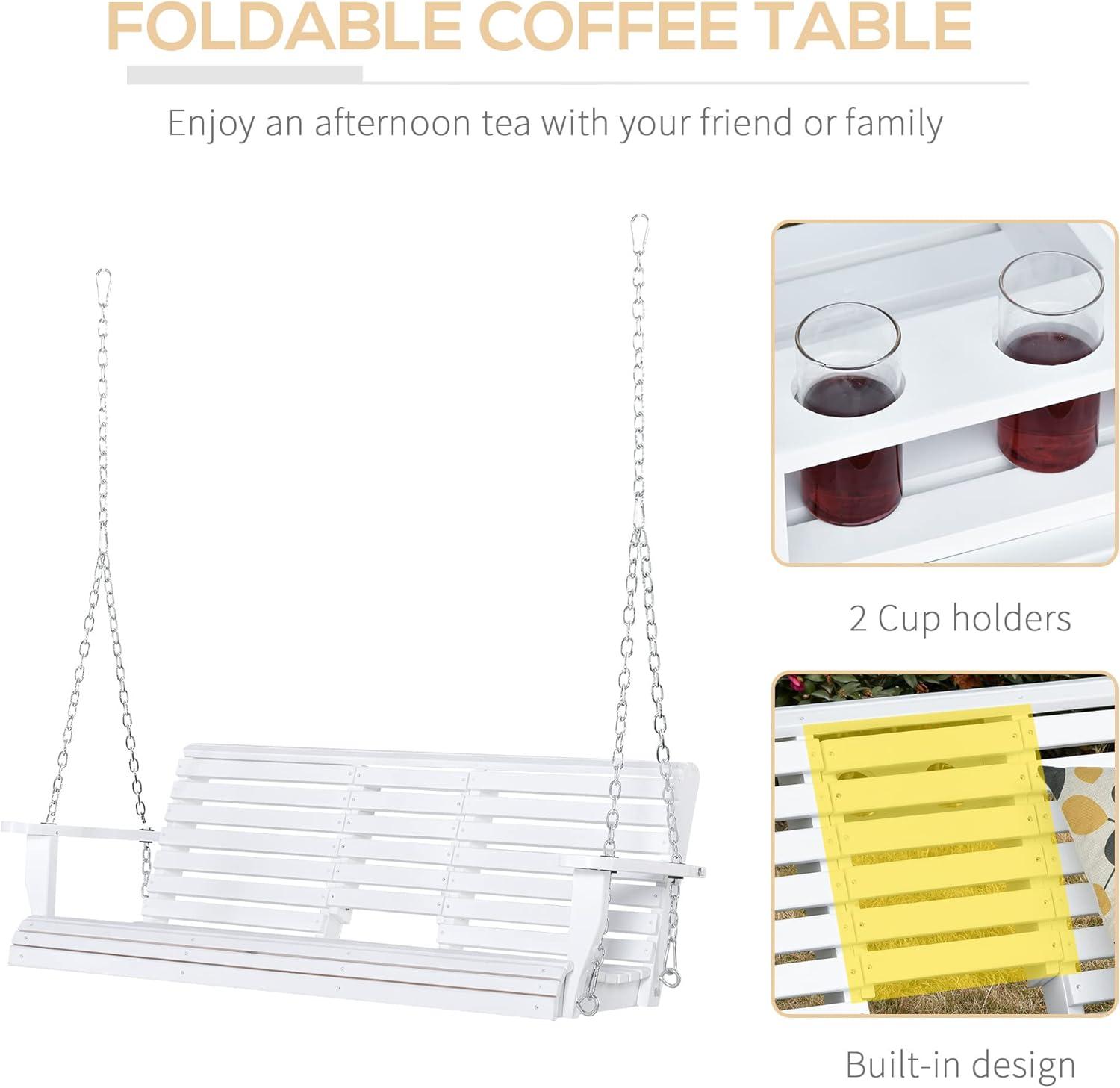Outsunny 3-Seater Wooden Porch Swing, Patio Swing Bench with Folding Coffee Table, Cup Holders and Chains Included, 440lbs Weight Capacity, White