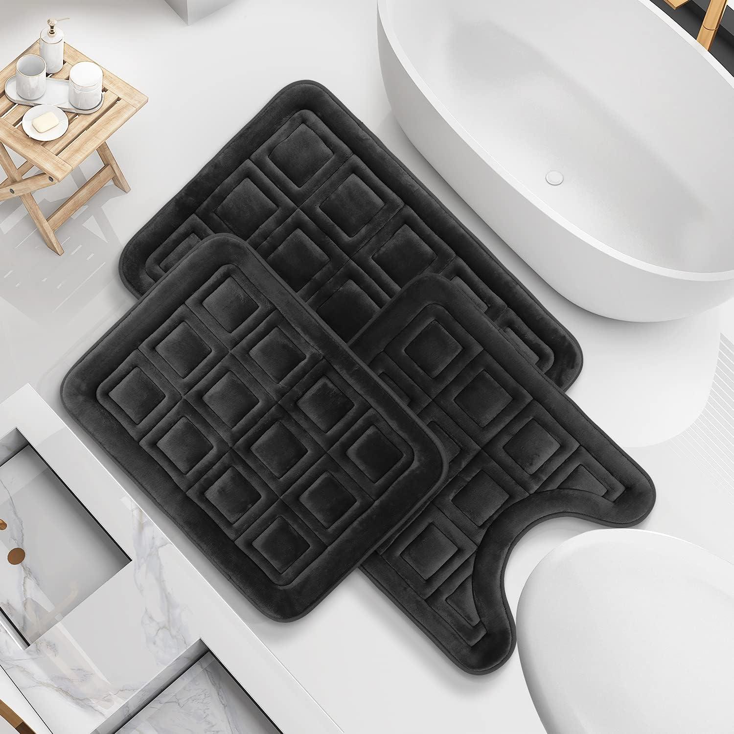 Clara Clark Ultra Soft Non Slip and Absorbent Bath Rug - Waffled Velvet Memory Foam Bath Mat Black Small-Large-Contour (3PK)