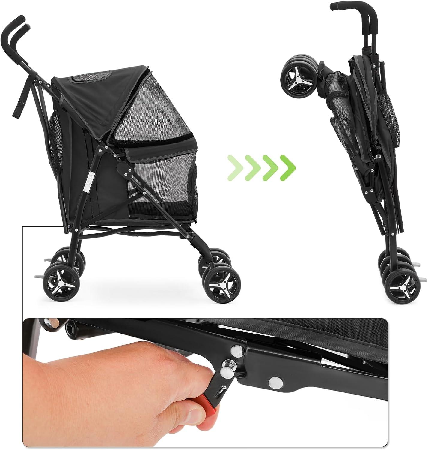 Magshion Foldable Dog Stroller, 4 Wheels Folding Pet Stroller for Small and Medium dogs, Black