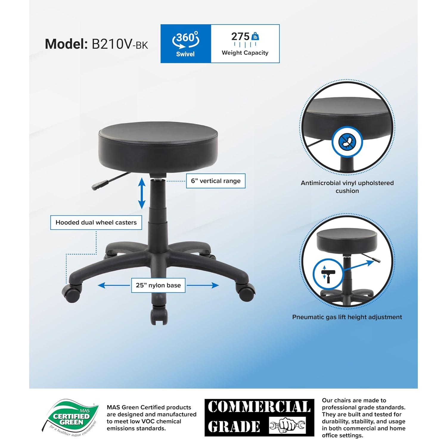 Boss Office Products Dot Faux Leather Swivel Drafting Stool in Black