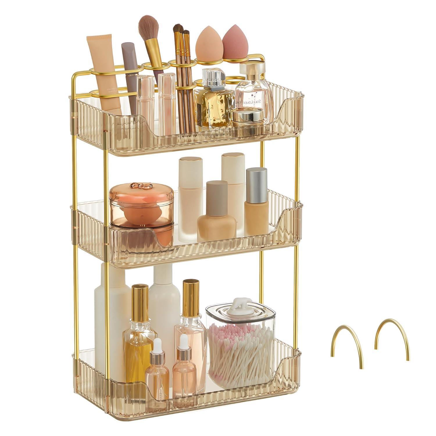 SONGMICS Makeup Organizer, 3-Tier Skincare Organizer Countertop, Customizable, 2 Types of Accessories, Jewelry Holder, for Vanity, Bedroom, Bathroom, Cloud White UJKA013W02