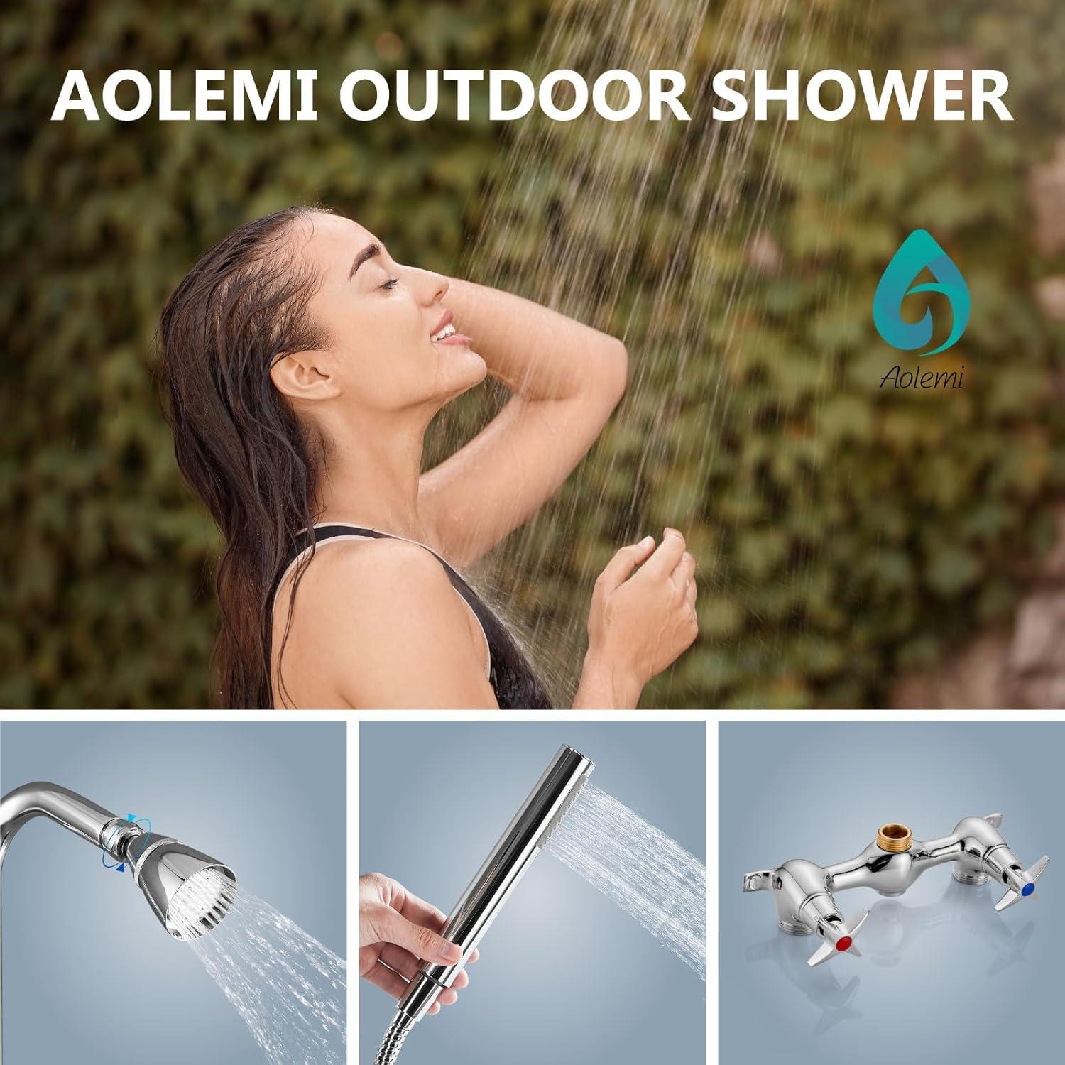 Aolemi Wall Mount Outdoor Shower Kit,Outdoor Shower Fixtures Faucet System with Handheld Spray,Double Handle 6 Inch Center Exposed Shower with Shower Head Polish Chrome