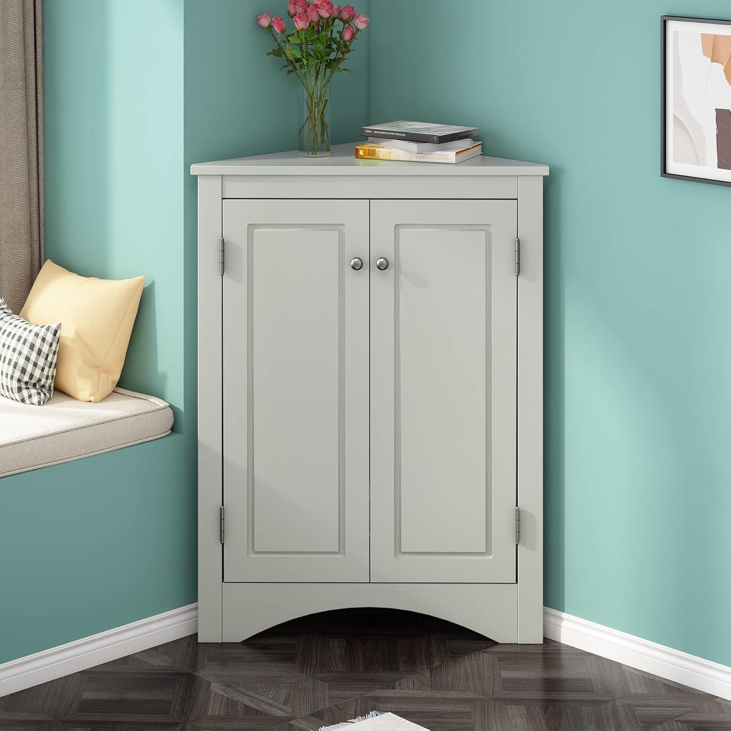 Corner Storage Cabinet with 2 Doors and Shelves, Freestanding Floor Cabinet Bathroom Corner Cabinets for Home Kitchen, Bathroom Grey