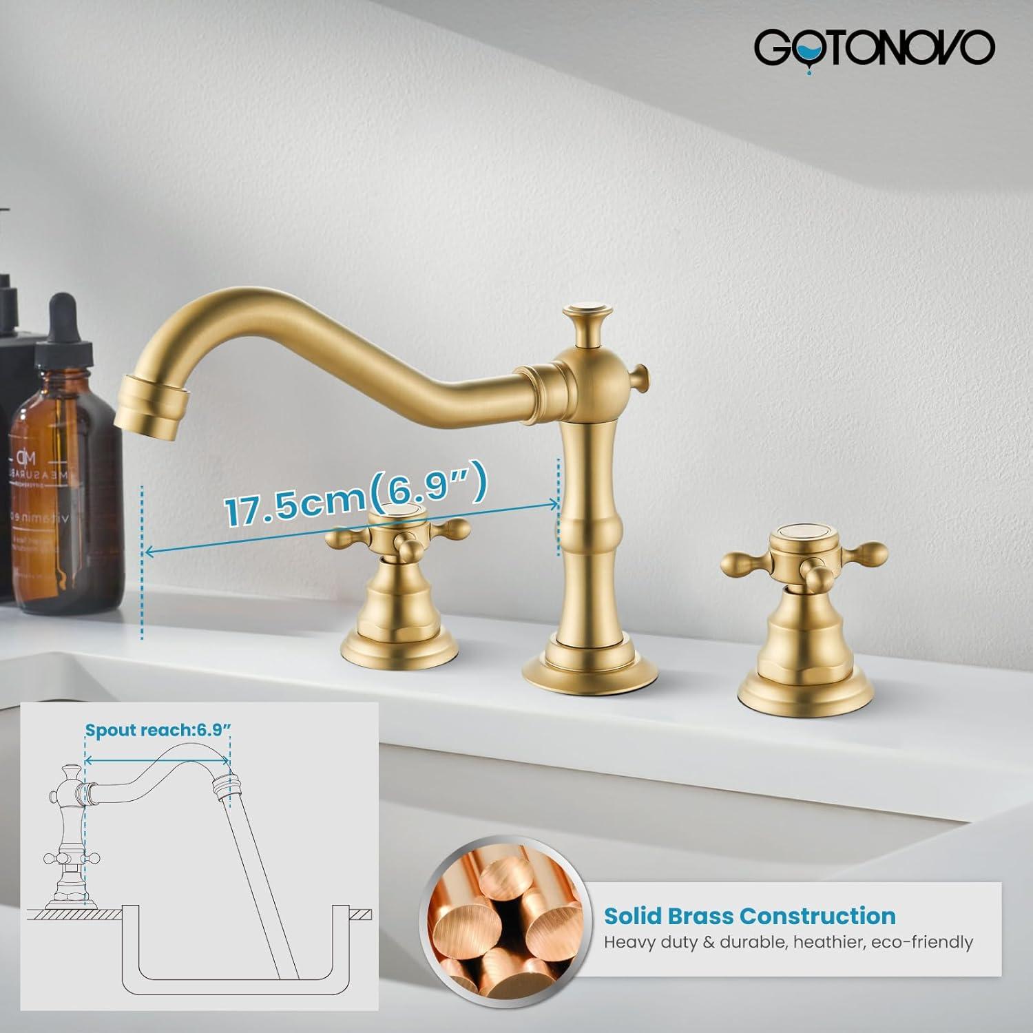 gotonovo Bathroom Faucet 3 Hole 8 Inch Widespread Bathroom Sink Faucet 2 Cross Handles Vintage Lavatory Vanity Mixer Tap with Pop Up Drain, H C Label, Antique Brass