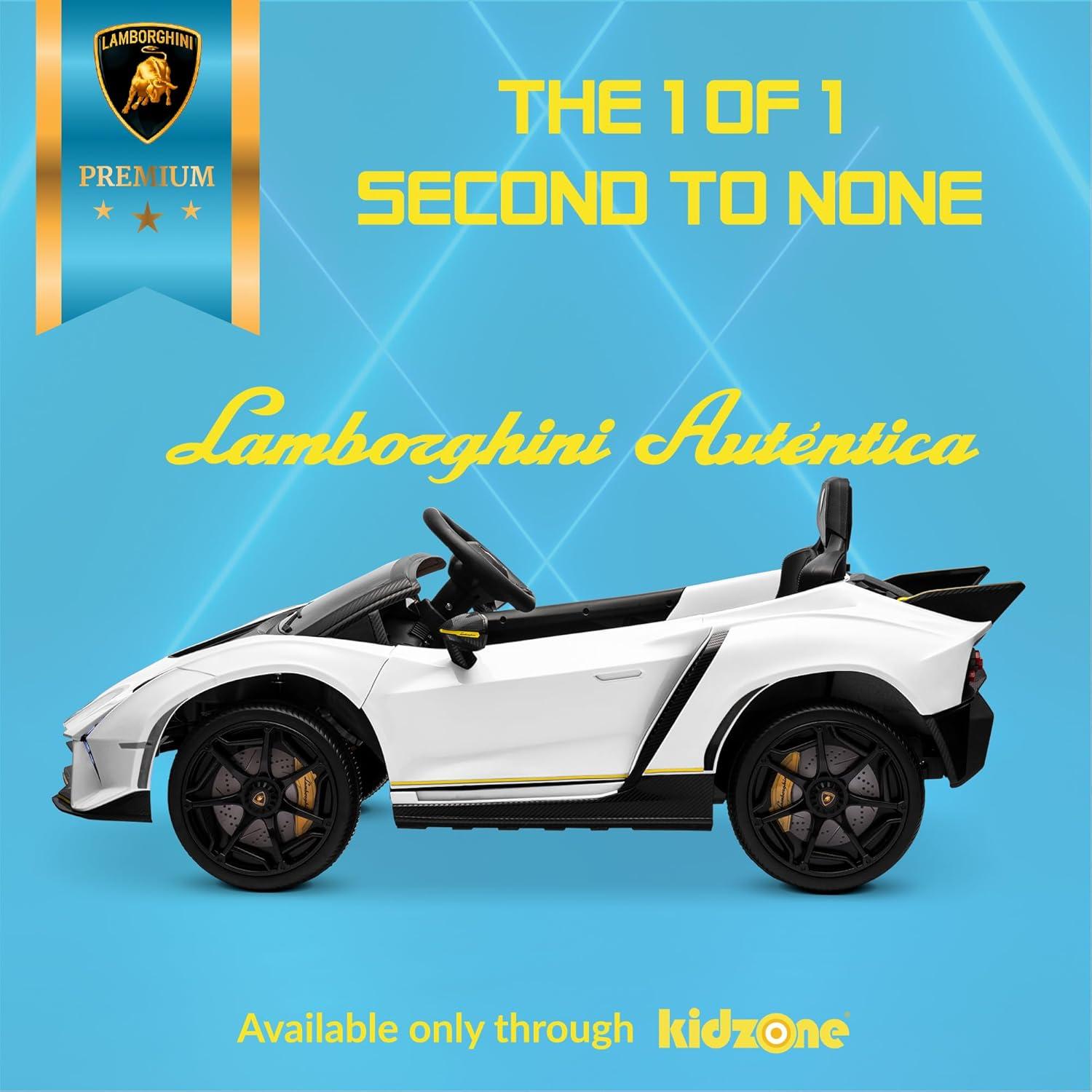 Kidzone 12V Ride On Car, Licensed Lamborghini Autentica Electric Vehicle Toy for 3-6 Years Kids & Toddler, Battery Powered Sports Car w/2 Speed, Parent Control, Bluetooth, Spring Suspension - White