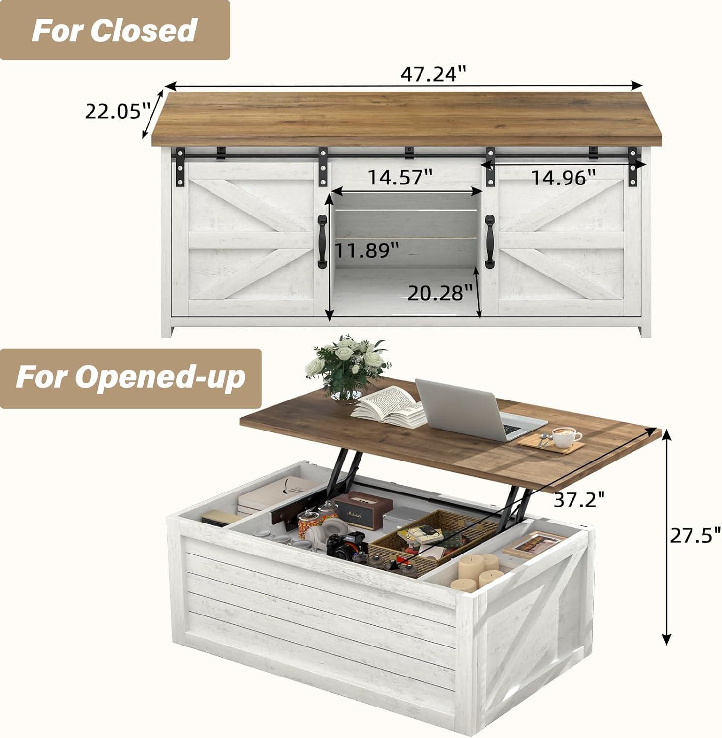 47.3" Lift Top Coffee Table, Farmhouse Coffee Table for Living Room, White Lift Top Coffee Table with Large Hidden Storage Compartment and Sliding Barn Doors, White