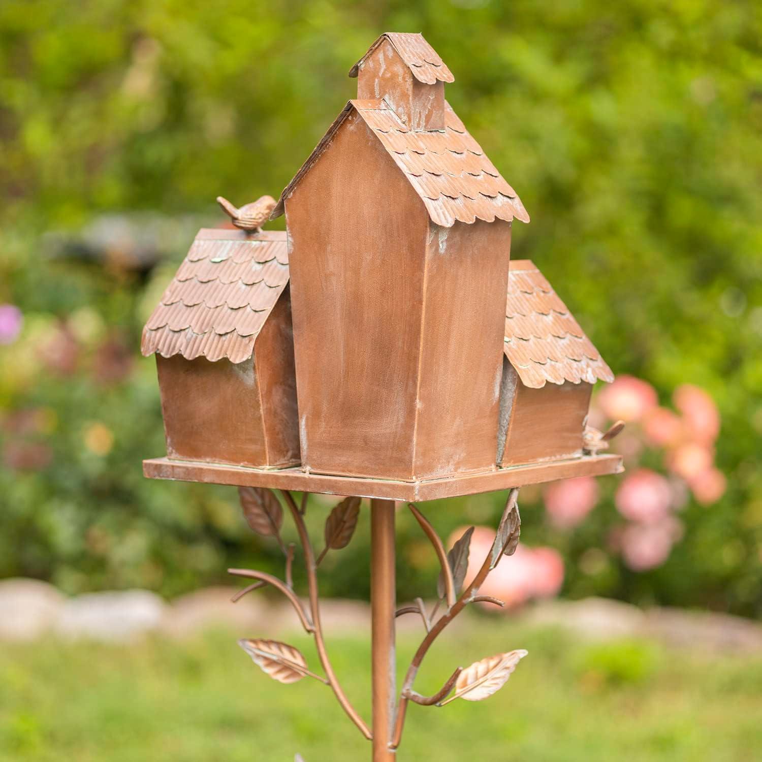 Large Copper Colored Multi-Birdhouse Stakes, Room for 4 Bird Families in Each (Castle Home)