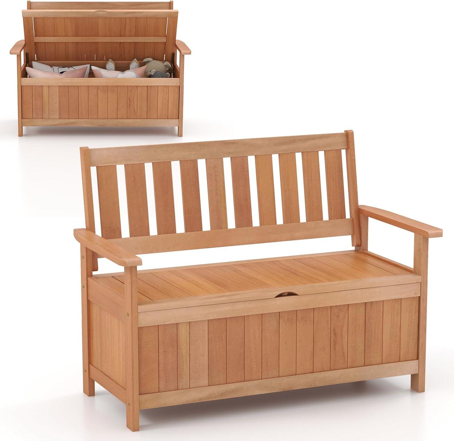 Costway 48 Inch Patio Storage Bench Wood Loveseat with Slatted Backrest for Backyard