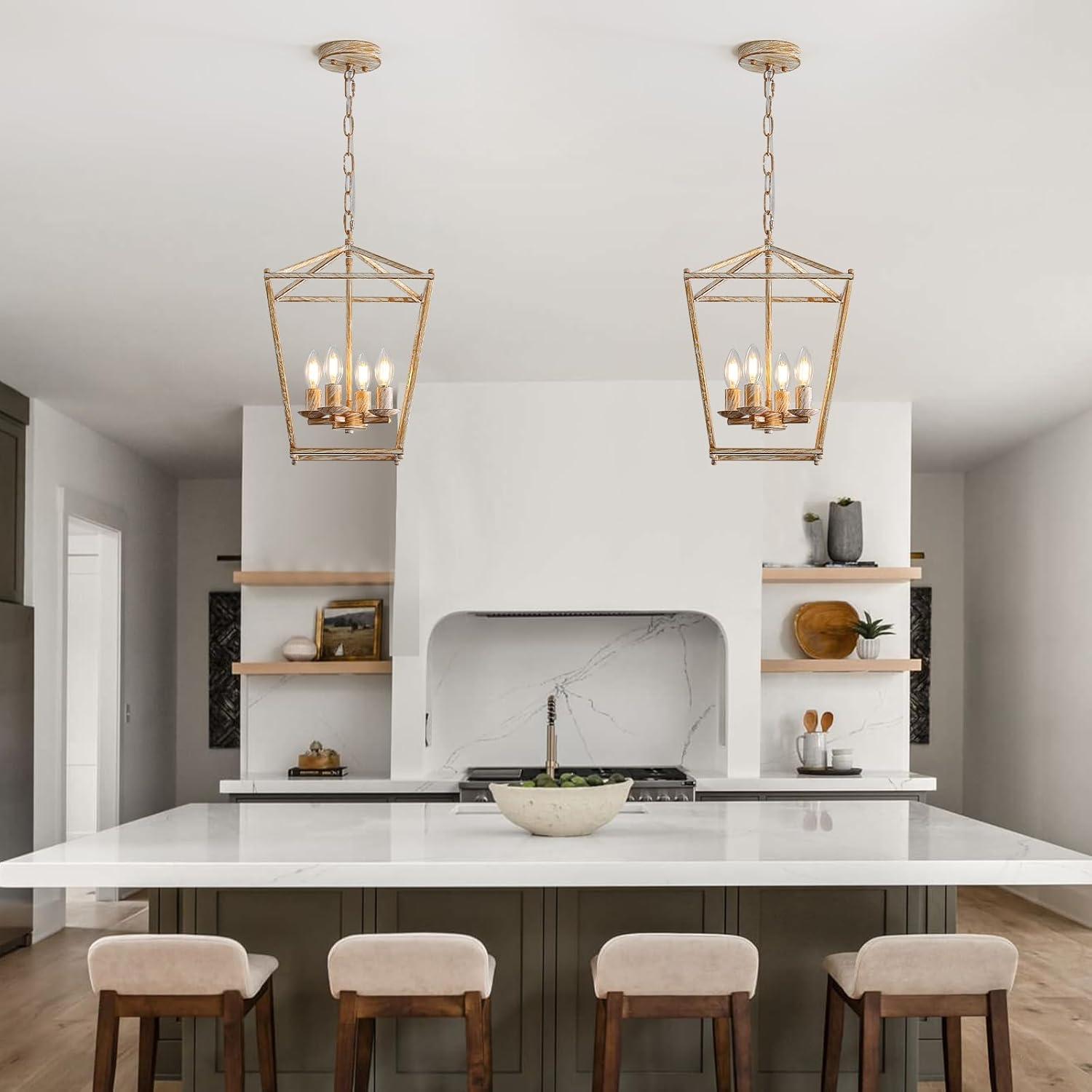 Rustic Lantern Chandeliers 4-Light Ceiling Cage Hanging Lights Gold Pendant Light Fixtures for Kitchen Island Dining Room Farmhouse Entryway Foyer