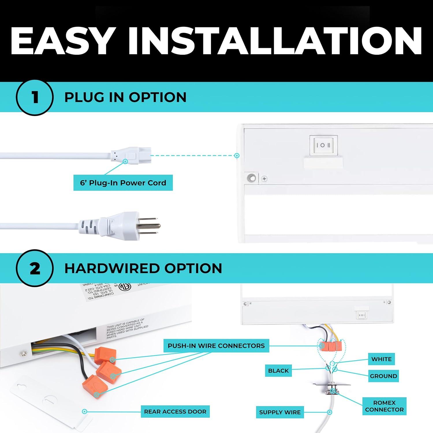 LED Under Cabinet Lighting Hardwired - Linkable Undercabinet Lights for Kitchen - 3CCT 9 Inch White Finish - Undercounter Dimmable Plug in Light or Hard Wired - Under Counter Fixture Direct Wire