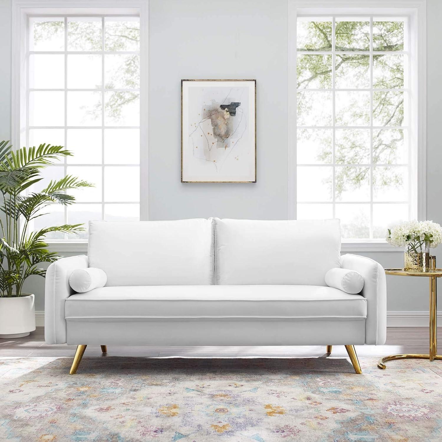 Revive Performance Velvet Sofa White - Modway: Upholstered Couch with Gold Legs & Bolster Pillows