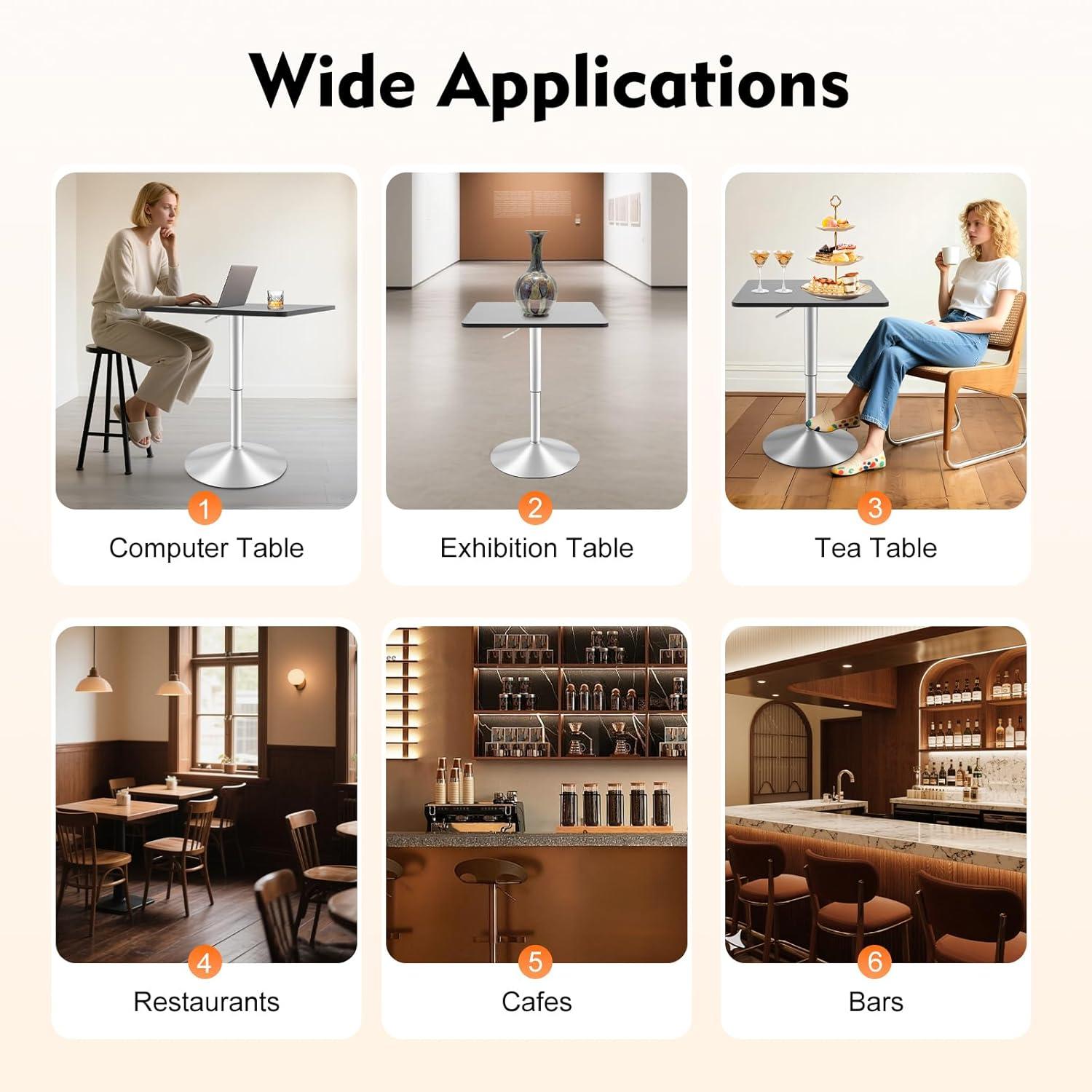 Square Bar Table, Modern Pub Table, 360° Swivel Cocktail Table, Adjustable Height with Black Top, Stainless Steel Leg and Base