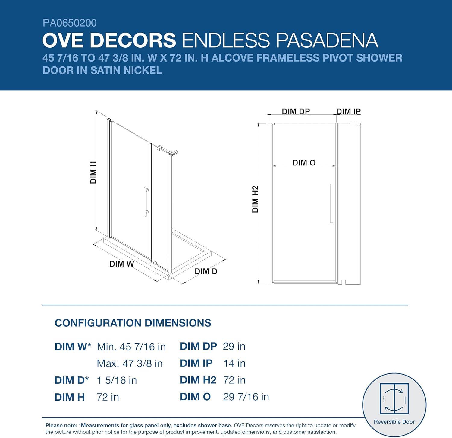 Pasadena Satin Nickel Frameless Pivot Shower Door Kit