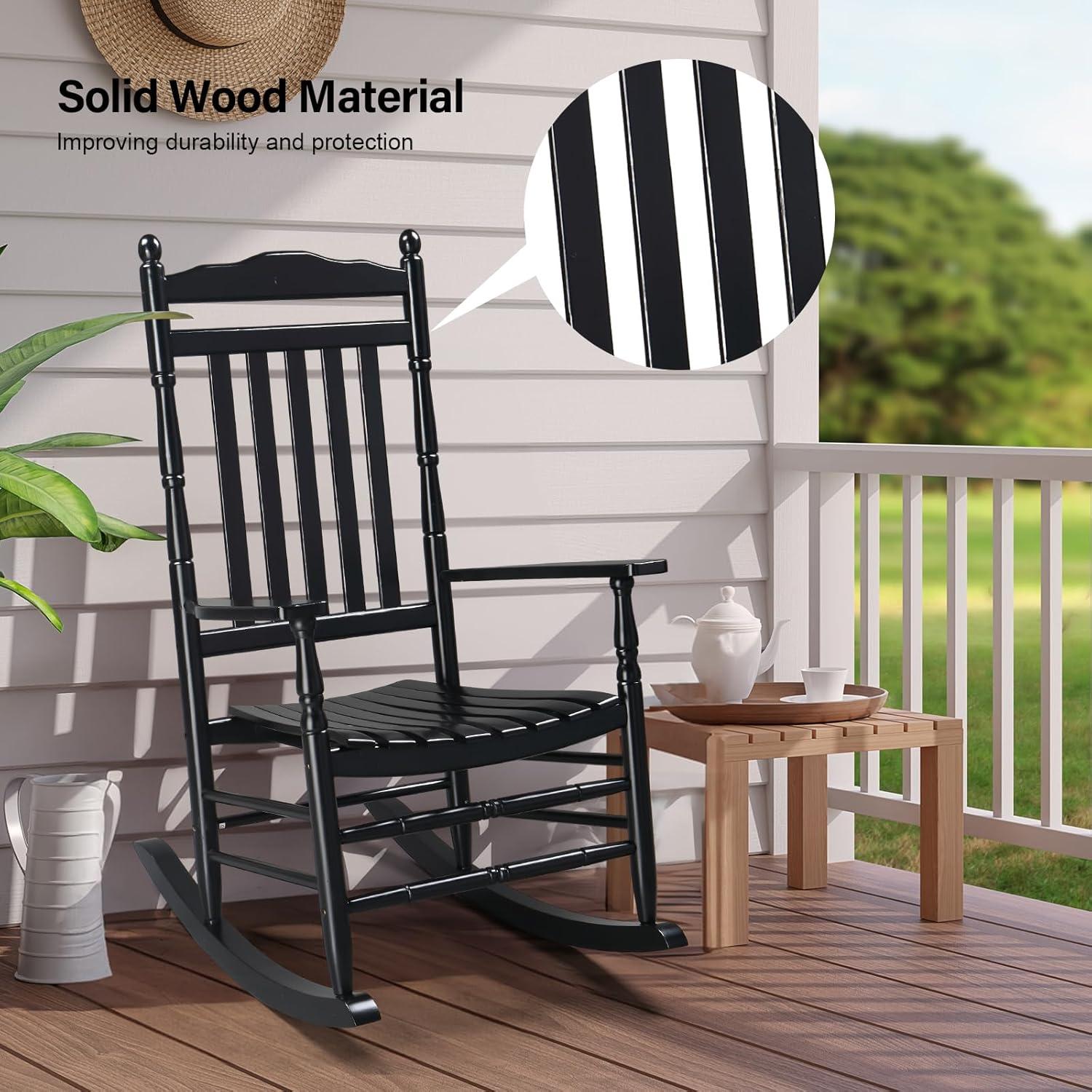 Black Solid Wood High Back Rocking Chair with Armrests