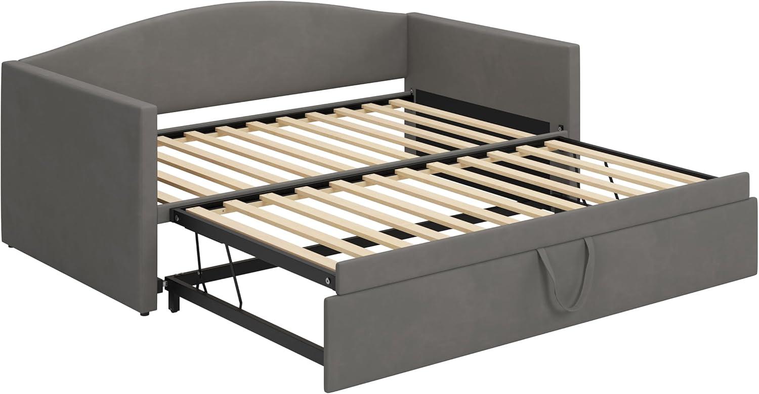 Upholstered Daybed with Extended Pop Up Trundle, Twin to King Size Velvet Sofa Bed Daybed with Soft Padded Armrests for Bedroom Guest Room Living Room (Gray-Pop)