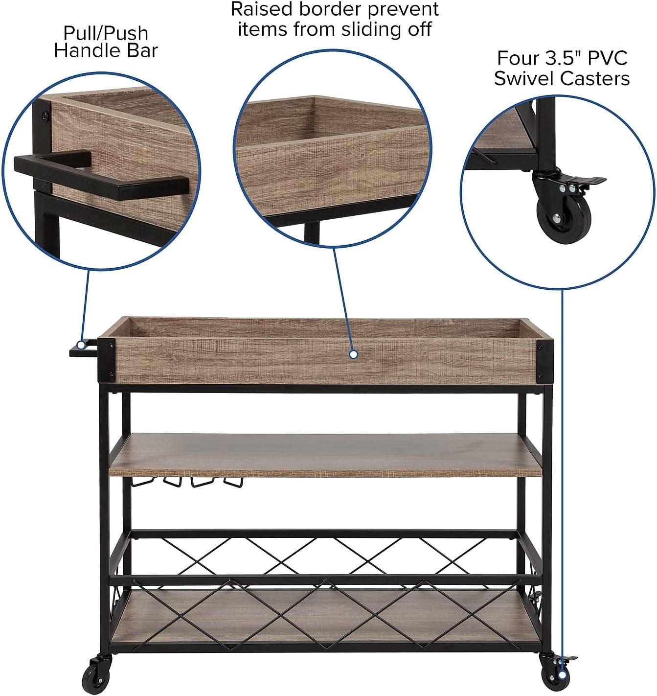 Flash Furniture Buckhead Distressed Light Oak Wood and Iron Kitchen Serving and Bar Cart with Wine Glass Holders