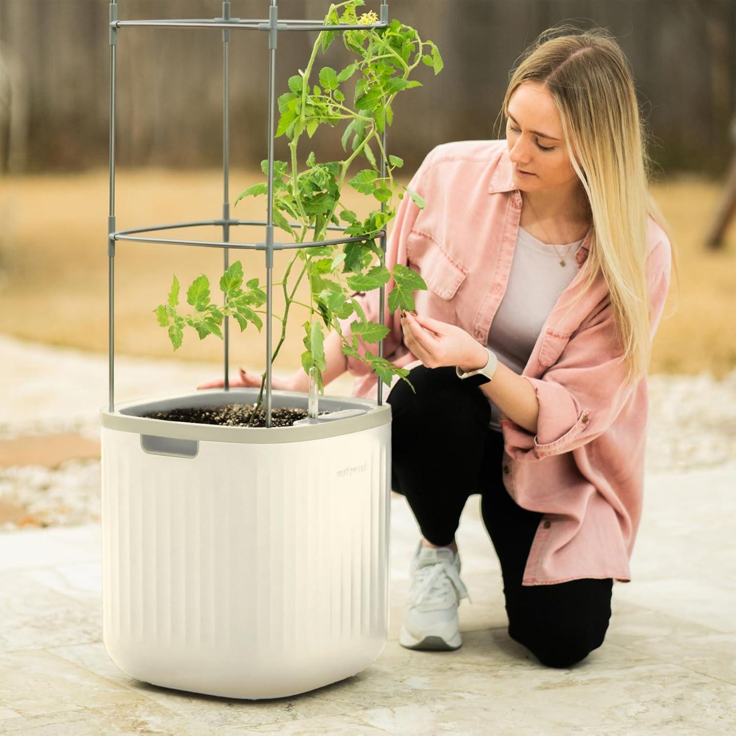 Cream White Self-Watering Indoor Outdoor Planter with Trellis