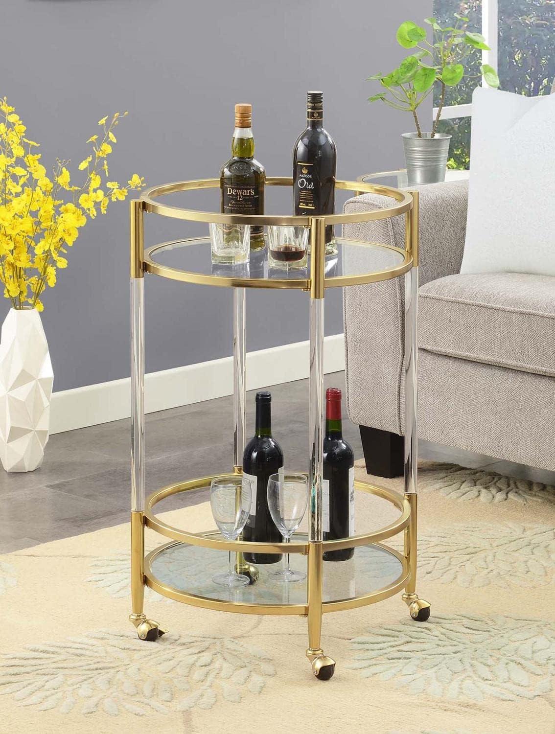 Royal Crest Two-Tier Acrylic Round Bar Cart in Clear Glass with Gold Metal Frame