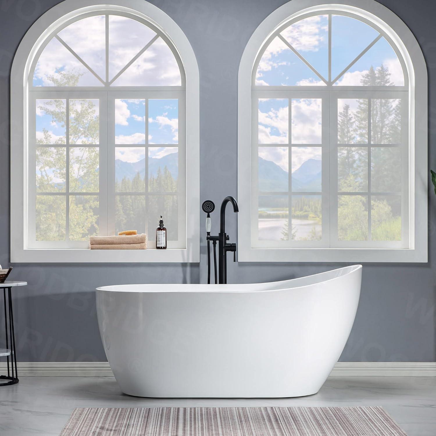 59" White Acrylic Freestanding Bathtub with Brushed Nickel Overflow